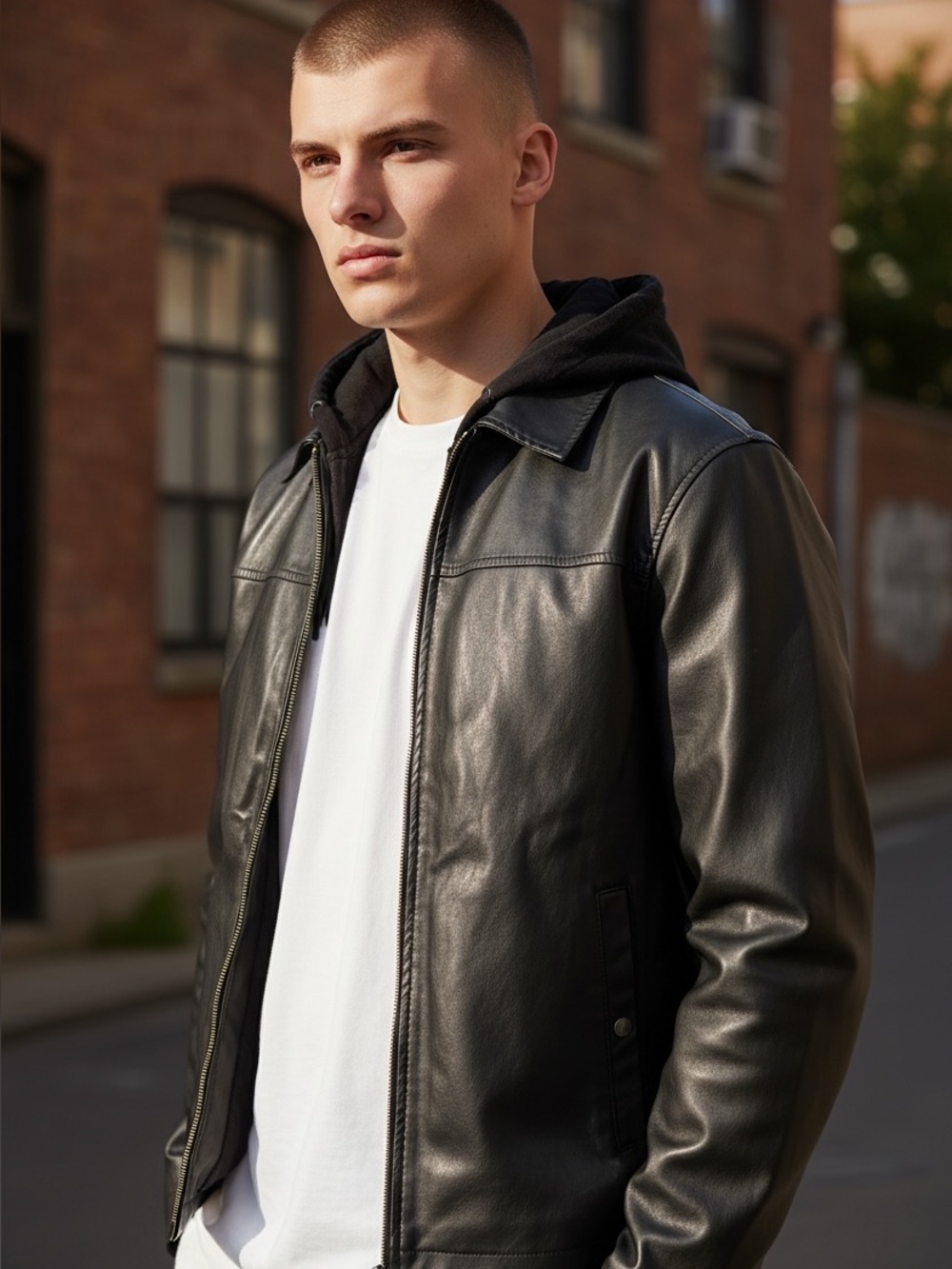 Lee Dungarees Black Leather Hooded Jacket